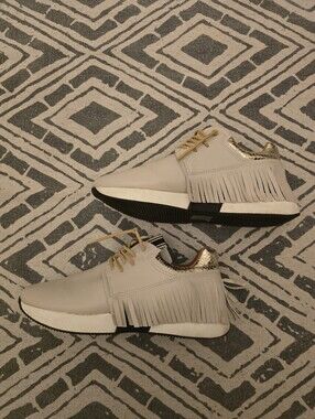 Women's Shu Shop Fringed Pepa Sneakers in Lt. Beige/Gray Leather w/Gold Accents